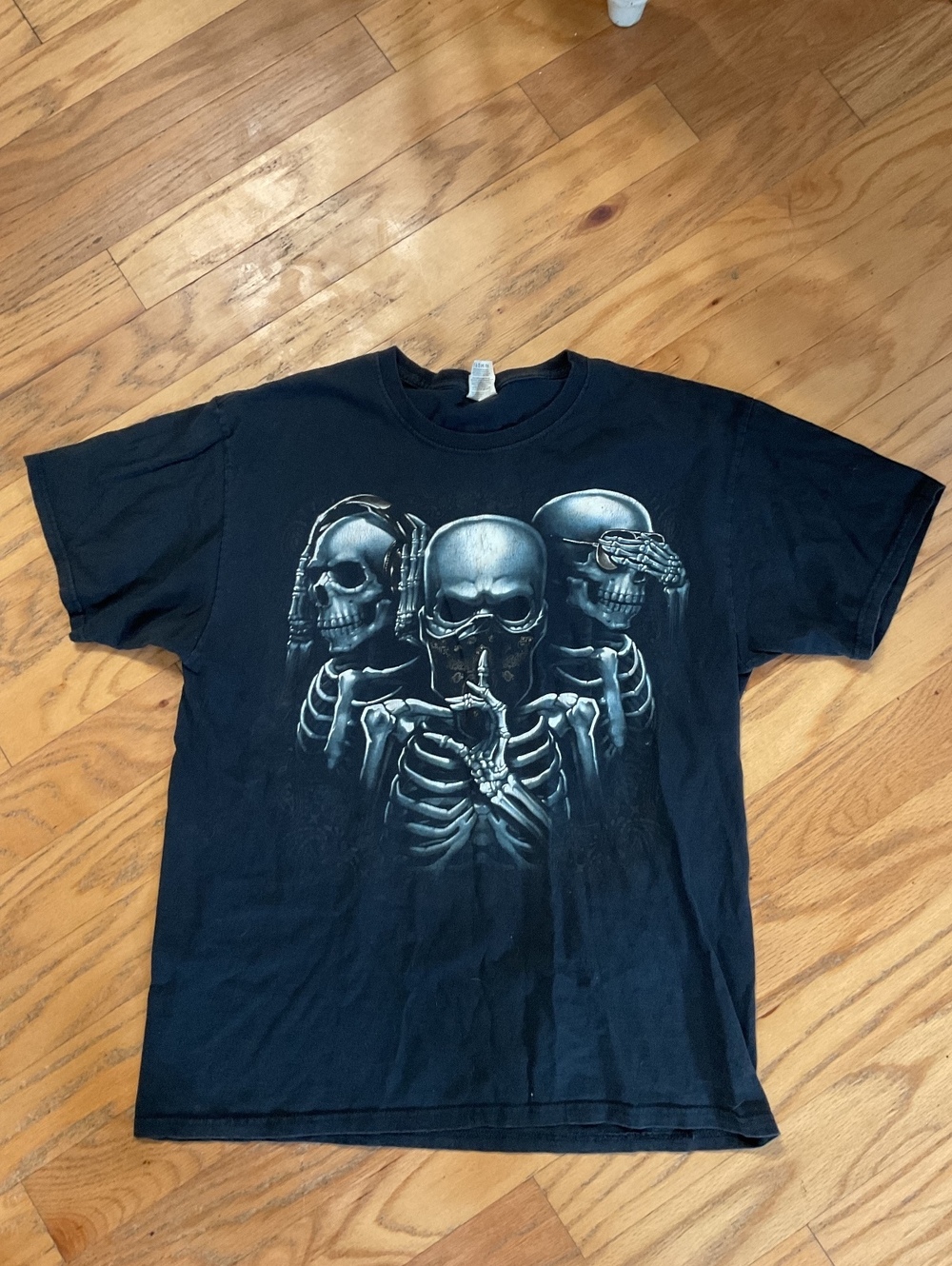 Three Wise Skeletons Skull Graphic T-Shirt Black Large Goth Biker Metal Large